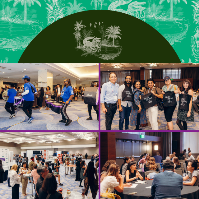 A collage of a social event with a green alligator wearing beads design at the top reflecting ONA25 branding. Top left: People observing performers. Top right: Group posing with tote bags. Bottom left: Crowd at booths. Bottom right: People seated at tables, talking.