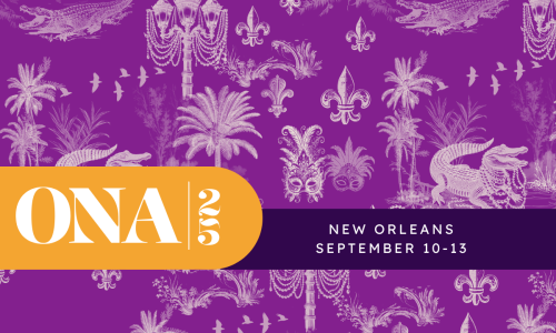 purple background featuring New Orleans themed icons, including Mardi Gras masks, a French Quarter-style lamp post with beads hanging from it, and an alligator wearing beads. In the foreground there is the ONA25 logo and subheading reading NEW ORLEANS SEPTEMBER 10-13