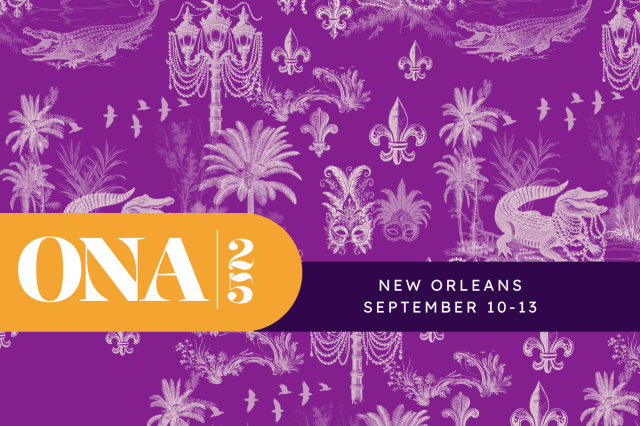 purple background featuring New Orleans themed icons, including Mardi Gras masks, a French Quarter-style lamp post with beads hanging from it, and an alligator wearing beads. In the foreground there is the ONA25 logo and subheading reading NEW ORLEANS SEPTEMBER 10-13